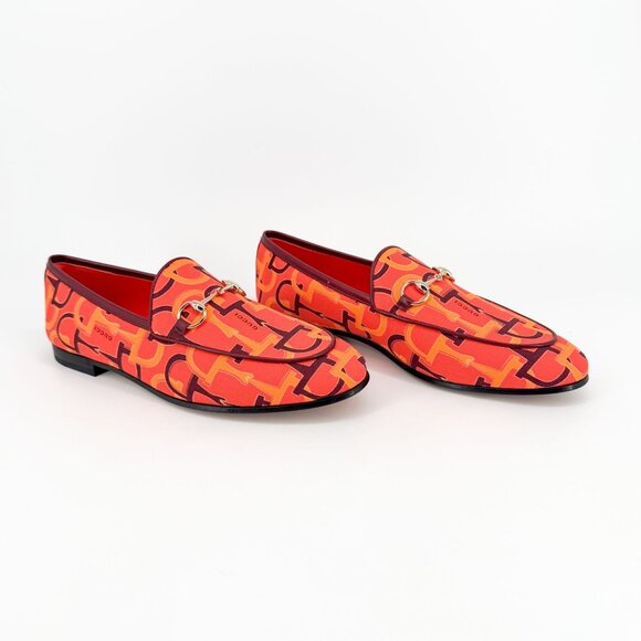 Gucci Jordaan Orange Canvas Horsebit Loafers Flat Shoes Size 38 US 8 Women's - Picture 1 of 15